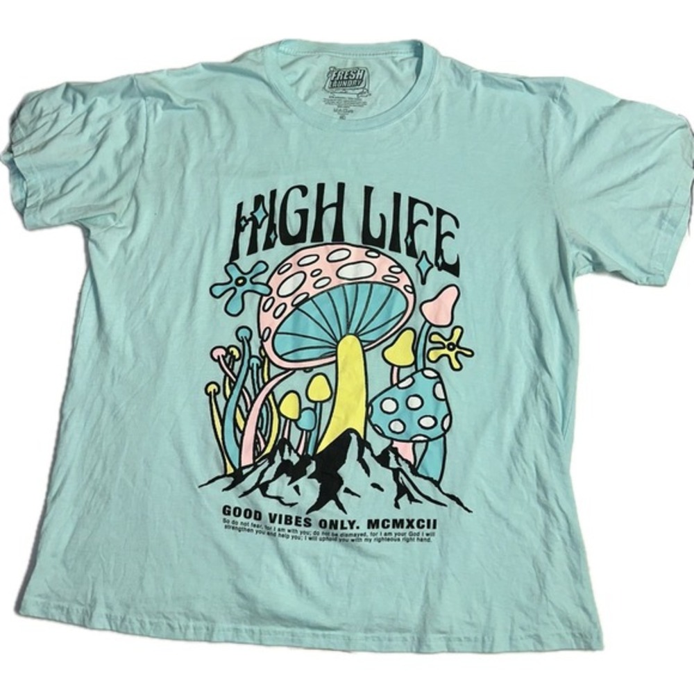 High Life Good Vibes‎ Only Turquoise Men's 4XL Mushroom Polyester Cotton T-Shirt